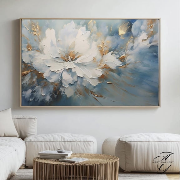 Abstract White Floral Art Poster: Gold & Blue Botanical, Unframed Poster Size 8x12