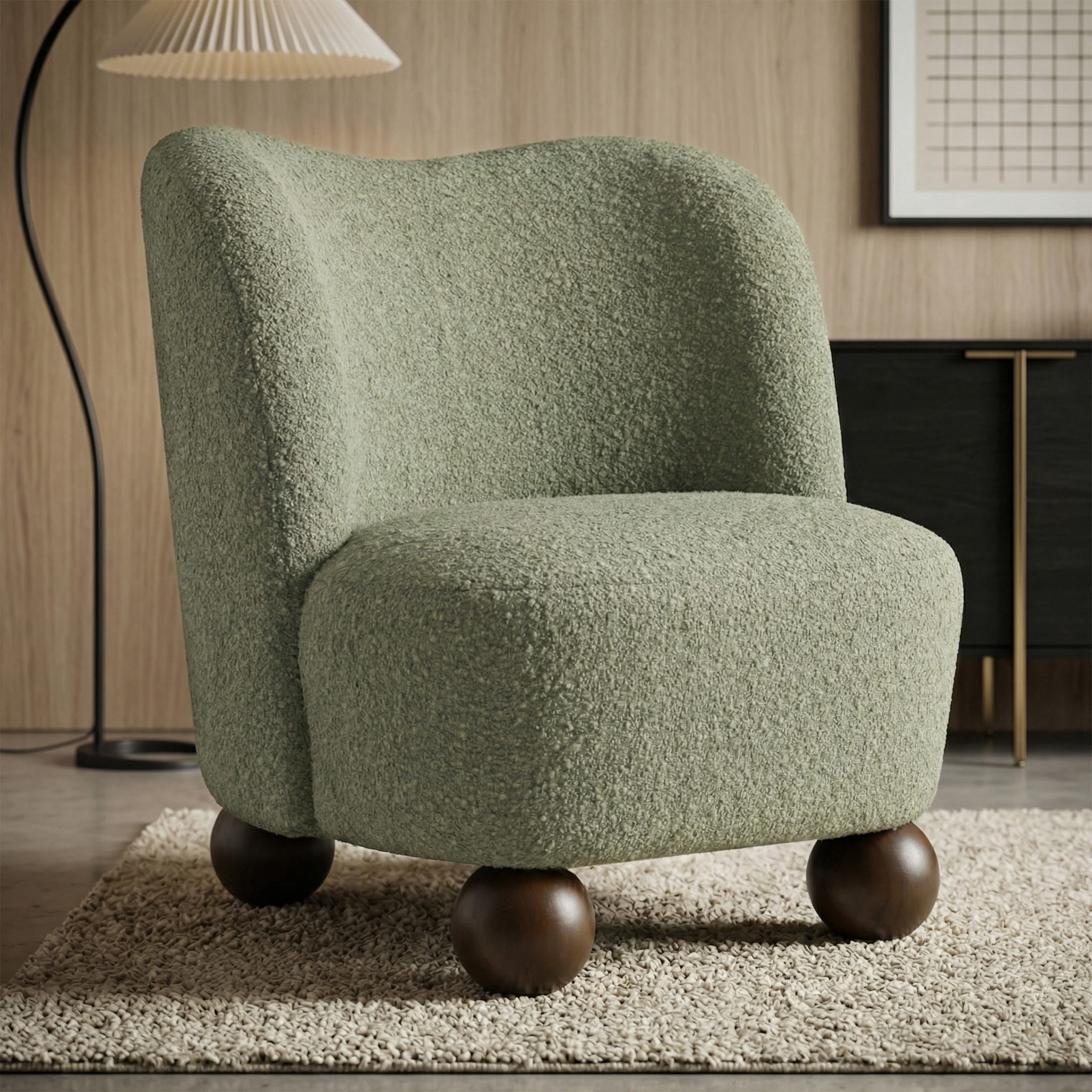 Aenkyo Contemporary Boucle Armless Accent Chair with Sculptural Wood Ball Feet, Green