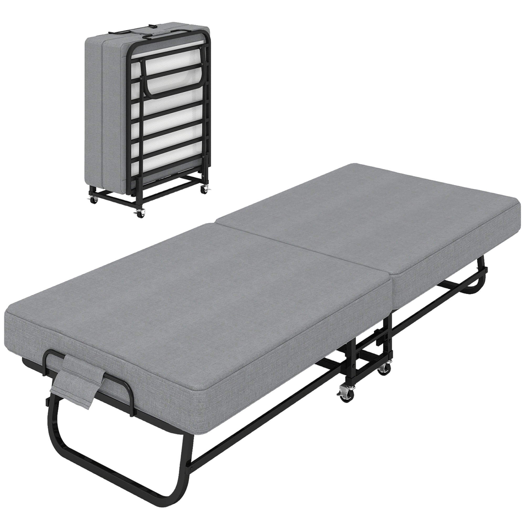 HOQBN 75" Folding Bed with Memory Foam Mattress, 4 Lockable Wheels Portable & Space Saving, Reinforced Steel Frame Quietly Supports 450 lbs, Folds Upright – Essential for Apartments, Guest Rooms