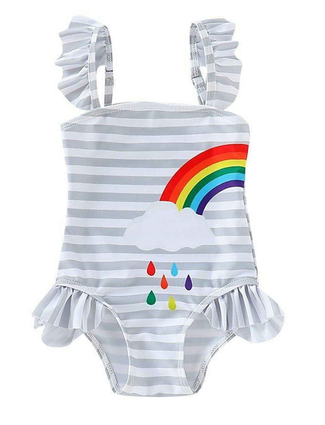 Baby Girls Sister Ruffle Stripe Swimsuit Twins Matching Swimwear Rainbow Print Bathing Suit Onesie 