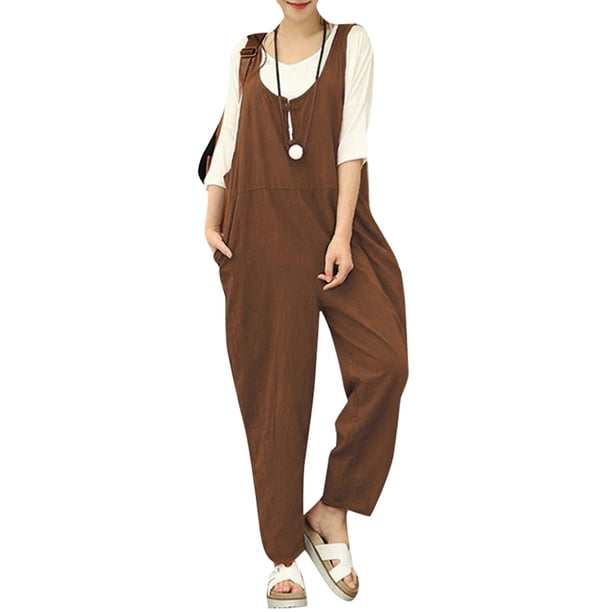 Mamelucos de lino de verano para mujer, monos Monos sin mangas vintage sin tirantes Romacci Café/XXXL