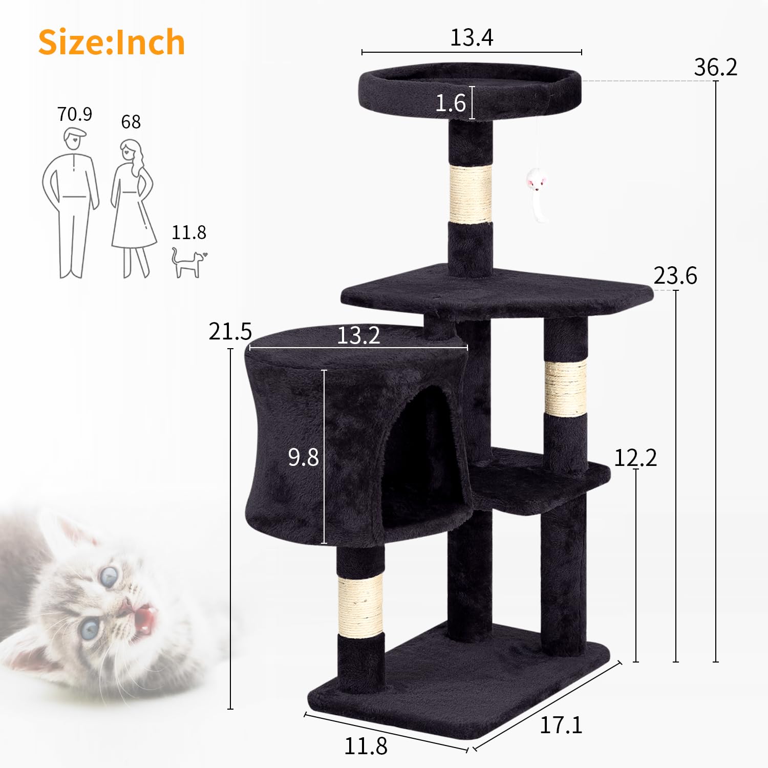 NiamVelo 36 Inch Cat Tree Cat Tower for Small Cats, Plush Multi-Level Cat Condo with Scratch Post Kittens Playhouse Furniture Set, Dark Gray