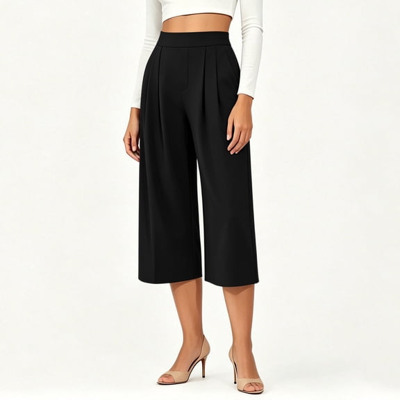 SwiftWear Women's Dress Work Capri Pants Solid Color Wide Leg Capris Stretch Casual Cropped Pants S-2XL