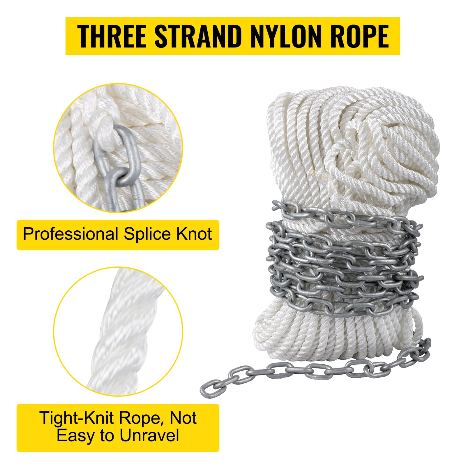 VEVOR Boat Anchor Chain 15' x 5/16" Galvanized Chain 1/2" x 200' Nylon Rope