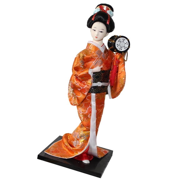 Muñeca de geisha japonesa pulgadas con trajes de kimono naranja sosteniendo un tambor juguetes coleccionables para exhibición en el hogar Zulema Muñeca japonesa kimono