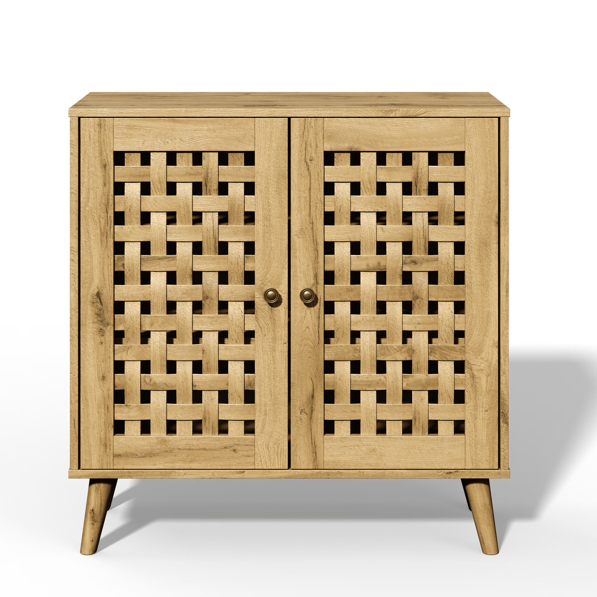 2-Door Storage Cabinet with Basket Weave Ventilated Doors, Vintage Buffet Sideboard with Adjustable Shelves, Coffee Bar Cabinet for Dining Room Entryway Living Room