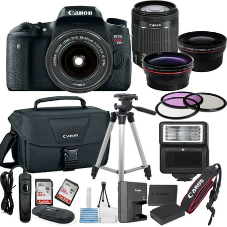- Canon EOS Rebel T6S Digital SLR Camera w/ EF-S 18-55mm Bundle includes Camera, Lenses, Filters, Bag, Memory Cards, Tripod, Flash, Remote Shutter , Cleaning Kit, Replacement Battery , Tripod ,and More