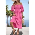 thumbnail image 5 of Women's Square Neck Smocked Waist Puff Sleeve Midi Dress Solid Pattern Elegant Everyday 95% polyester 5% elastane, 5 of 11