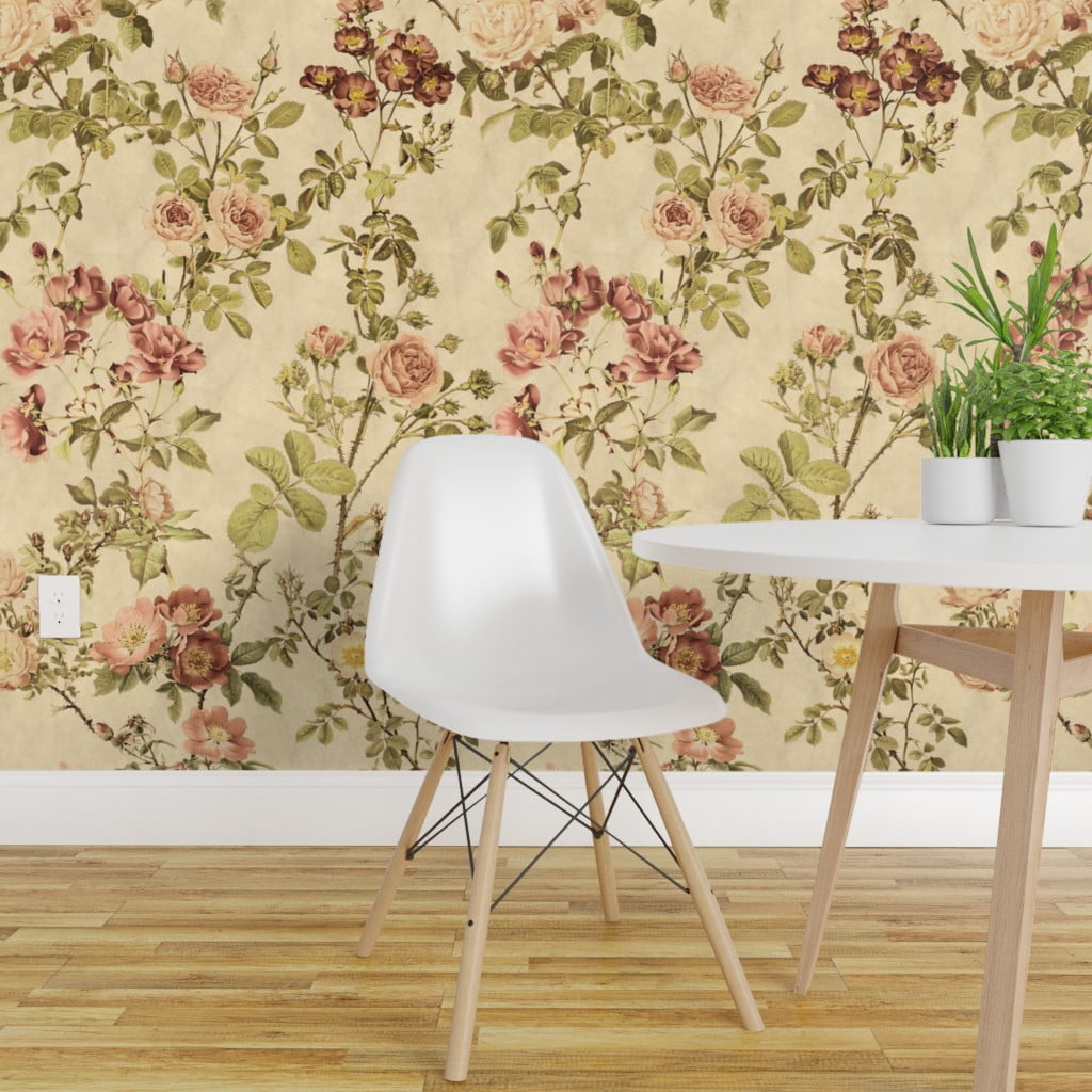 Removable Water-Activated Wallpaper Watercolor Floral Vintage Botanical English