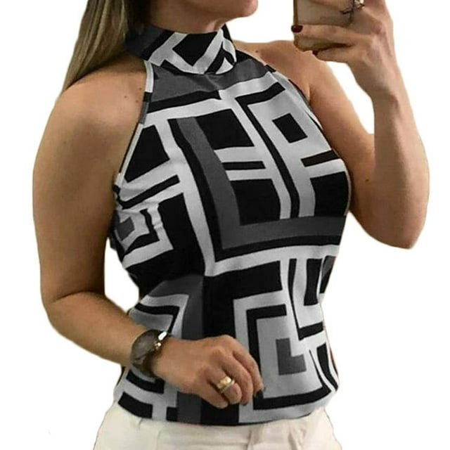 Haut à Col Licou Sans Manches à Imprimé Floral Géométrique pour Femmes, Camisole, Chemise, Hauts