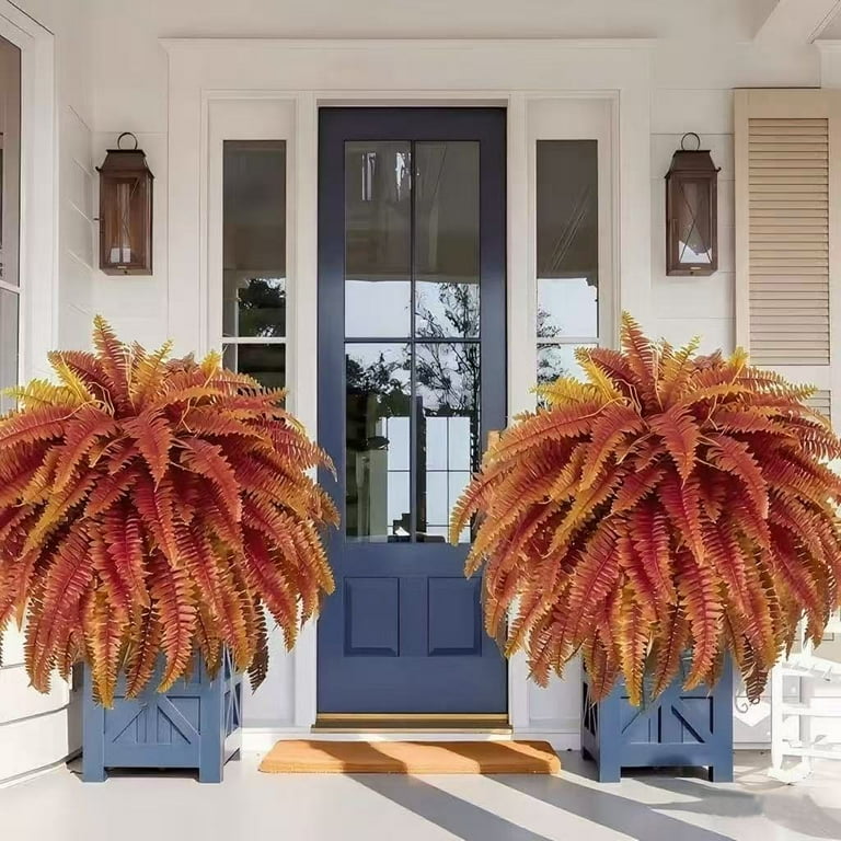 12 Pack Artificial Fall Ferns - Orange Boston Fern Plants For Outdoor Autumn Decor