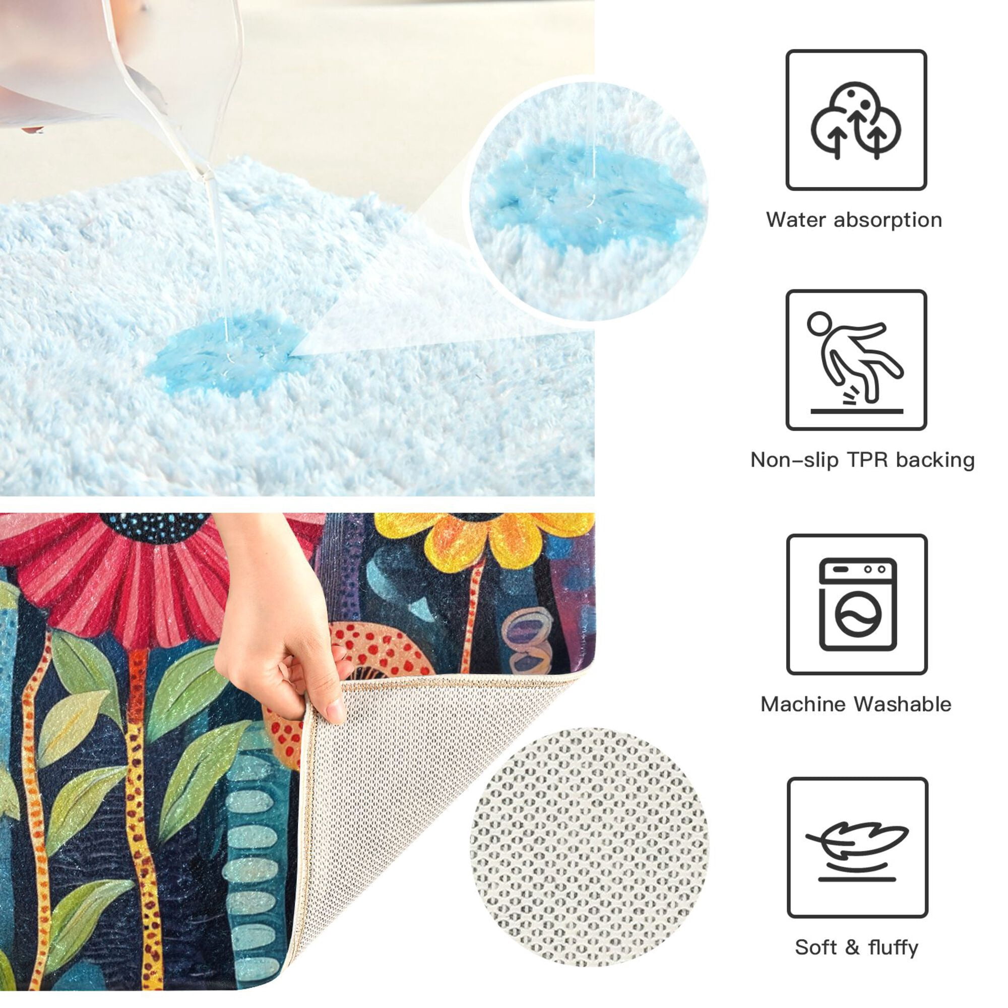 Yayeee Bath Rug for Bathroom Floor Non Slip Contour Fluffy Soft Absorbent Mat, 20"x24", Orange Colorful Flowers