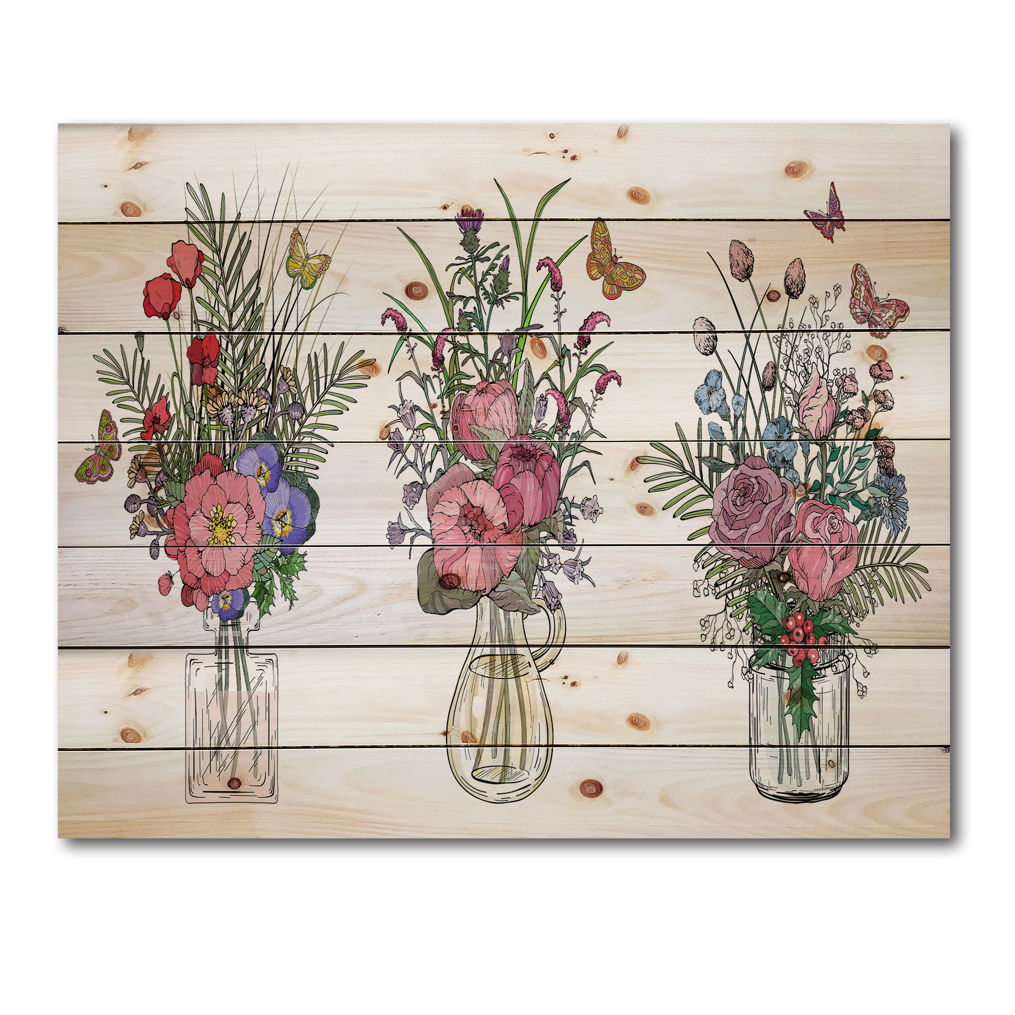 Designart 'Transparent Vases With Bouquets of Wildflowers II' Farmhouse Print on Natural Pine Wood