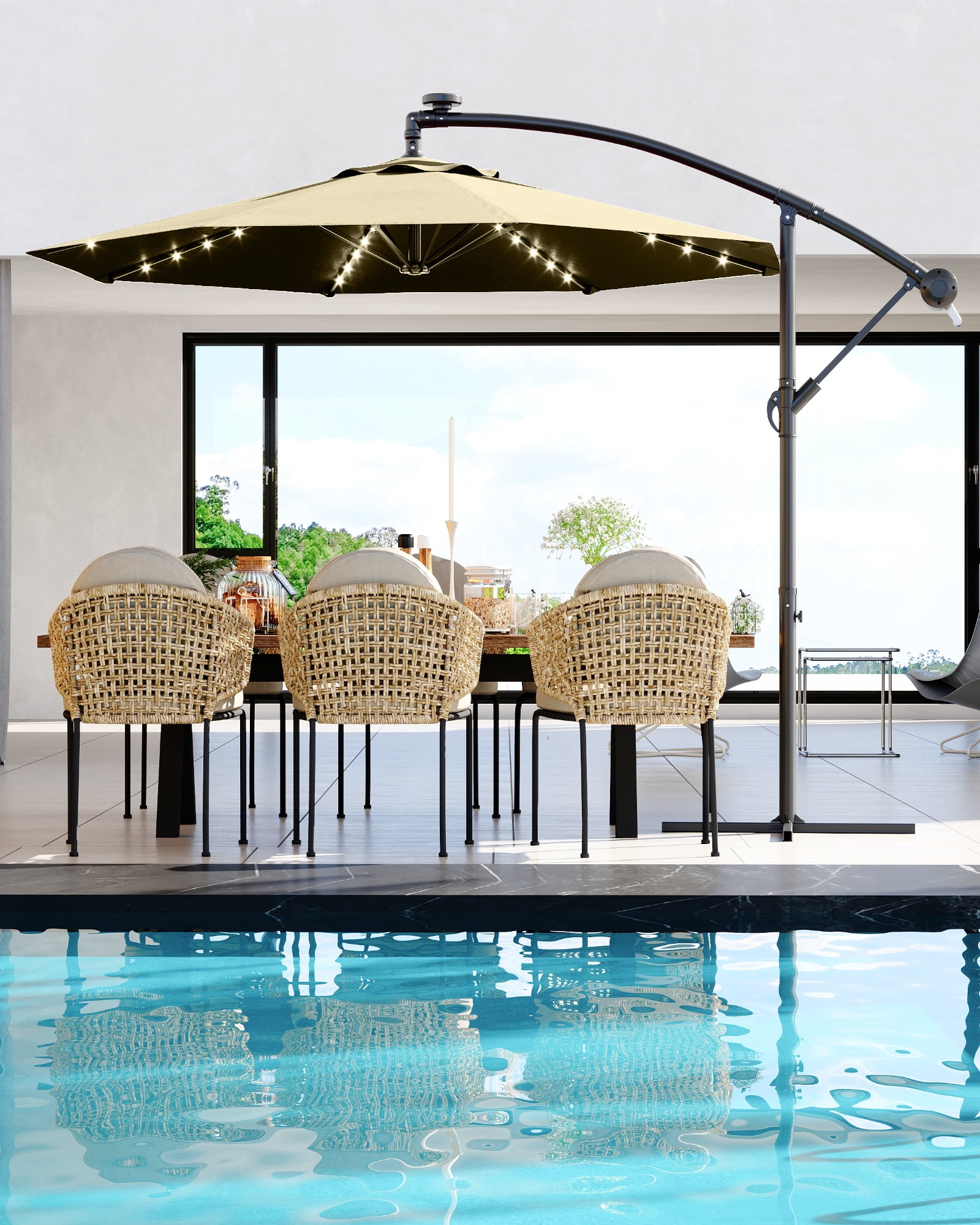 10ft Solar LED Offset Hanging Market Patio Umbrella for Backyard, Poolside, Lawn and Garden w/Easy Tilt Adjustment, UV Protection, Sturdy 8 Ribs - with 32 LED Lights
