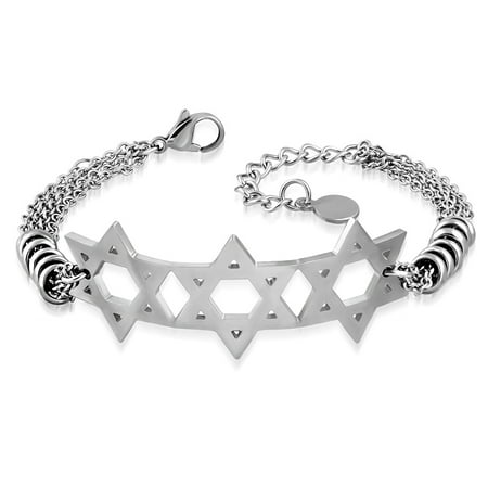 Stainless Steel Silver-Tone Triple Jewish Star of David Chain Bracelet, 9"