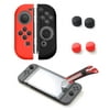 For Nintendo Switch Screen Protector Glass Bundle Kit, by Insten Silicone Joy Con Skin Case [Left BLACK/Right RED] + Tempered Glass Screen Protector + Style 1 4-pc Analog Caps for Nintendo Switch