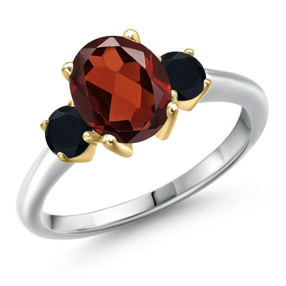 Gem Stone King 10K Two Tone Gold Red Garnet and Black Onyx Engagement Ring for Women | 2.57 Cttw | Oval 9X7MM | Gemstone January Birthstone | Size 9