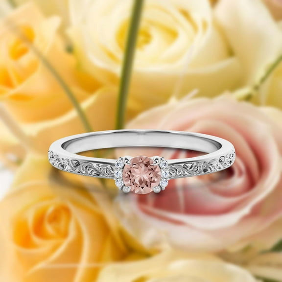 Art nouvea Gift For Her 0.75 Carat Round Cut Morganite And Diamond Moissanite Unique Engagement Ring, Wedding Ring in10k Solid White Gold, Gift For Her, Promise Ring, Anniversary Ring