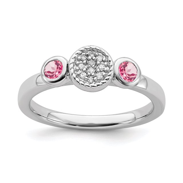 925 Sterling Silver Round Pink Tourm. Diamond Stackable Ring Birthstone October Gemstone Tour Creat P Sapphire Fancy