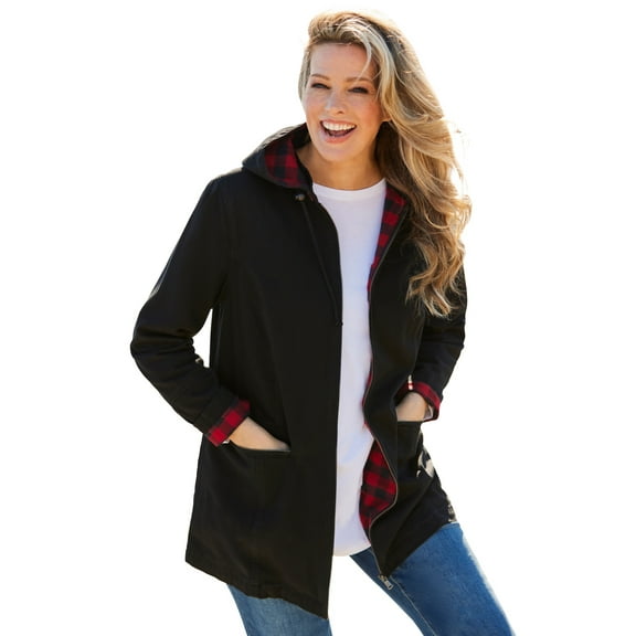 Woman Within Plus Size Flannel-Lined Denim Jacket Removable Hood Long Oversized Jean Coat
