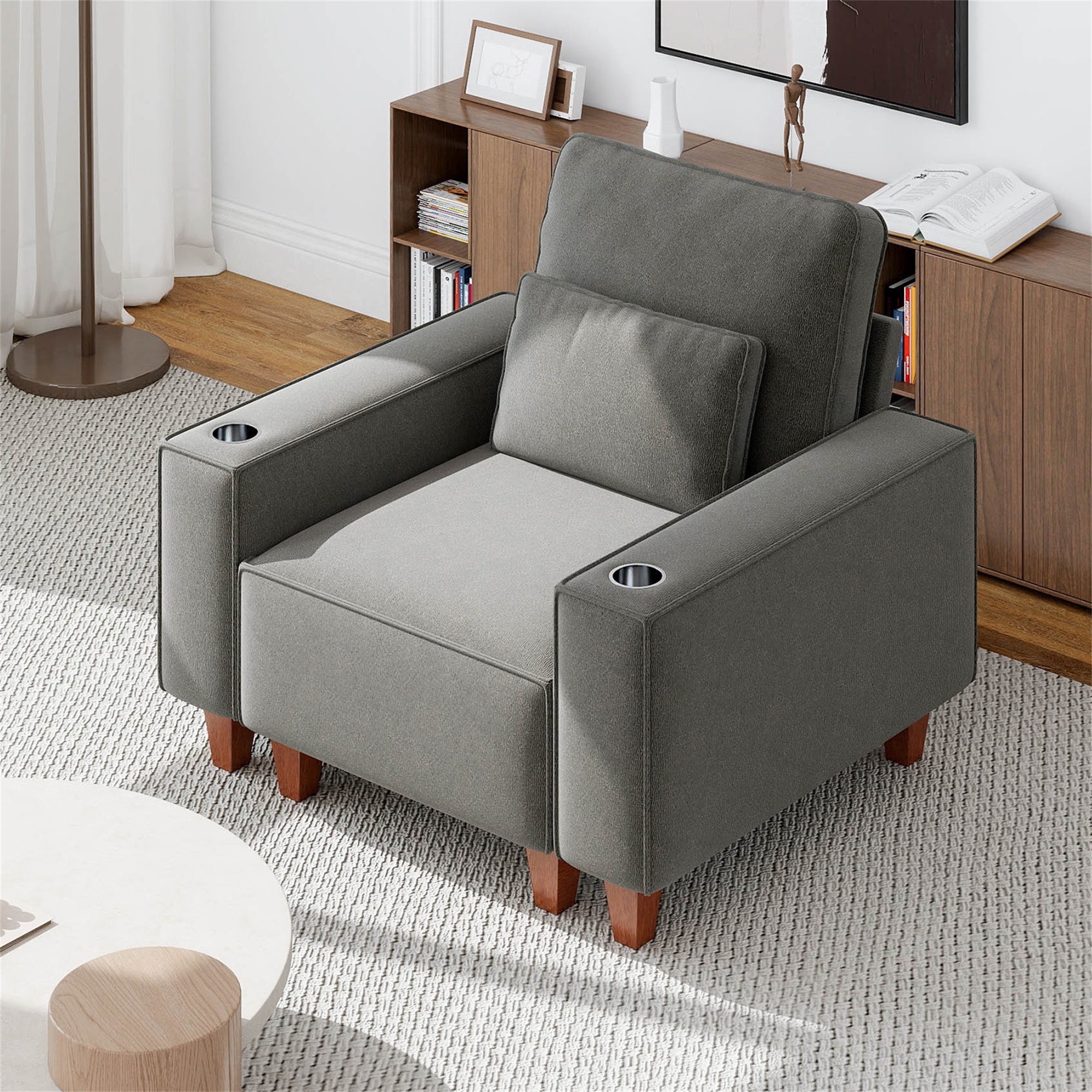 Aukfa 3 Piece Sofa Set - 43.5" Oversized Armchair Couch with Cup Holders&Pillows, Chenille, Gray