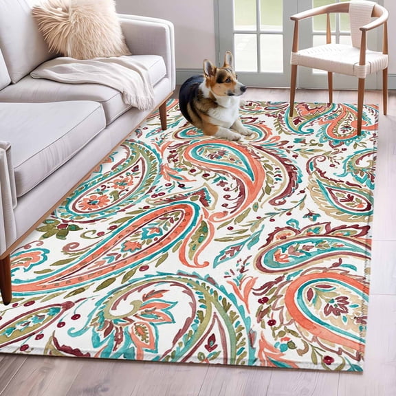 Area Rug for Living Room, Paisley Flower Non-Slip Indoor Large Carpet for Bedroom/Dining Room, Spring Watercolor Floral Leaf Plant Orange Washable Low-Profile Rectangle Floor Runner Rugs - 4 x 6 Ft
