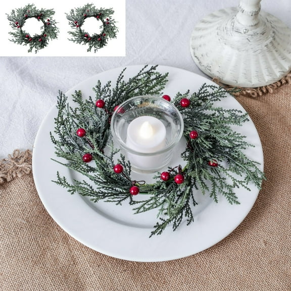 2PCS Christmas Candle Rings Wreath，Red Berries Wreaths with Green Pine Leaves Mini Christmas Table Centerpieces Decor for Candle Holders, Doors, Windows