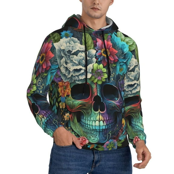 Men's Hoodie Pullover Casual Hooded Sweatshirt 3D, Floral Sugar Skull Flowers