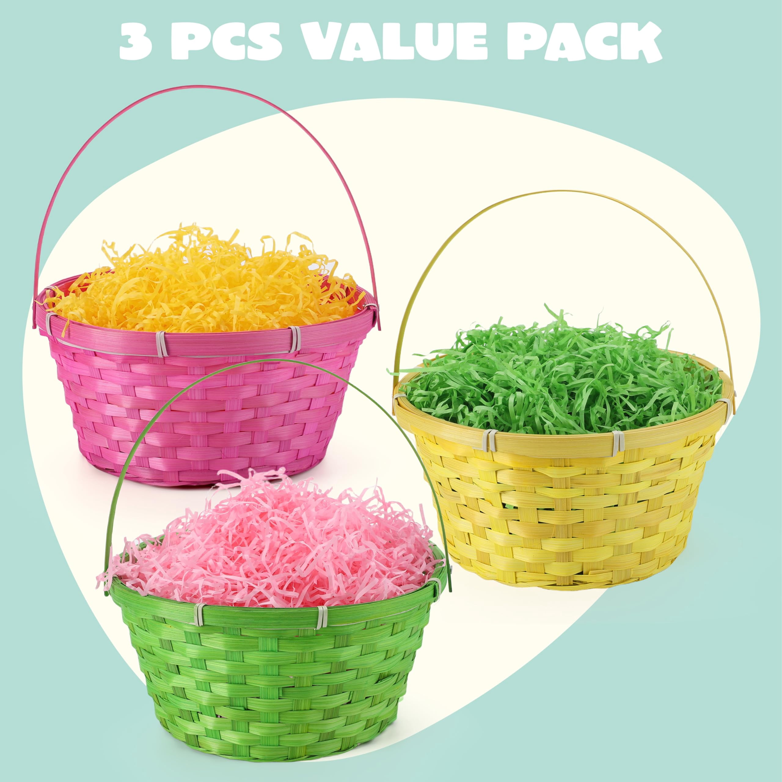 3 Easter Baskets With Handle And 3 Colors Grass Paper Shreds  Empty Gift Basket For Egg Hunt Party Supplies Filling Candy & Favors (yellow Pink Green)