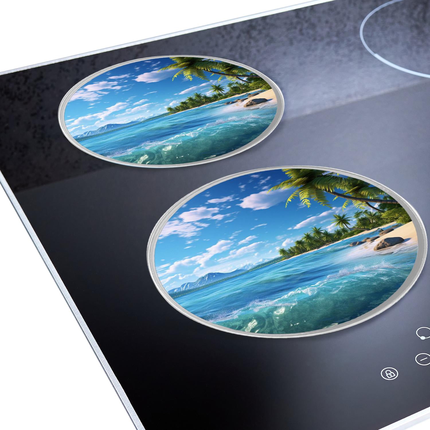 Round Stove Burner Covers 4 Pcs Metal Electric Stove Burner Covers 8Inch And 10Inch ,Palm Trees Beach Astronaut Hawaiian Tropical Seashore pattern