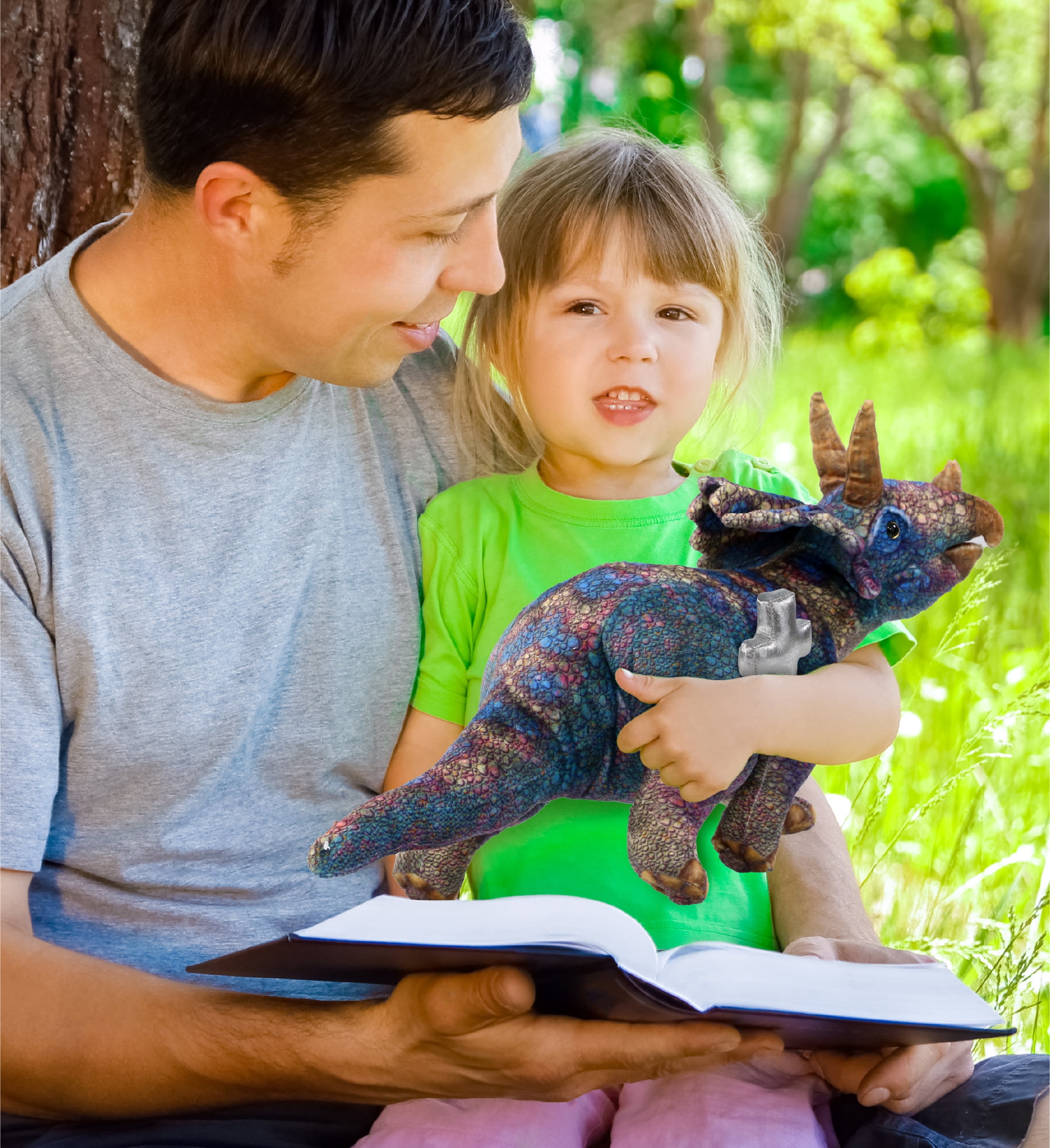 DolliBu Wild Collection Triceratops Dinosaur Stuffed Animal with Silver Cross Plush - Baptism Gifts for Boys and Girls, Dedication Christening Gifts Plush Prayer Toy Healing Stuffed Animal - 23 Inches