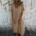 thumbnail image 5 of Feancey Linen Shift Dress for Women Pleated V Neck Short Sleeve Midi Dresses Summer Casual Loose T-Shirt Dress Solid Vintage Beach Vacation Dresses Khaki XXL, 5 of 9