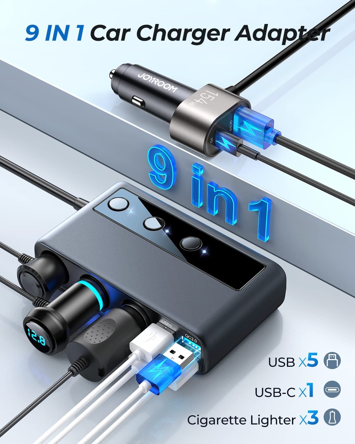 Joyroom 154W Car Charger Adapter, 6 USB Ports & 3 Socket Splitter photo 2