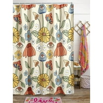 70s Retro Boho Floral Psychedelic Shower Curtain in Yellow Orange, Funky Mushrooms Flowers and Eyes Trippy Hippie Vintage Fabric Shower Curtain Set Cottage-core Abstract Aesthetic Bathroom Decor