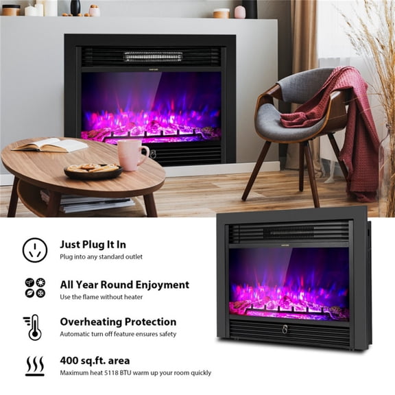 28.5 Inch Wall Mounted Electric Fireplace Heater 750W 1500W with Remote Realistic 3 Color Flame Effect 5 Brightness Levels Adjustable Thermostat Timer Overheat Protection for Bedroom Living Room