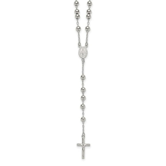 Sterling Silver Polished and Beaded Rosary 24 inch Necklace