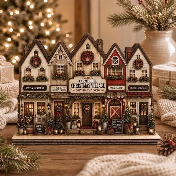 Christmas Village Wooden Block Decor Farmhouse Rustic Wood Tabletop Display for Christmas