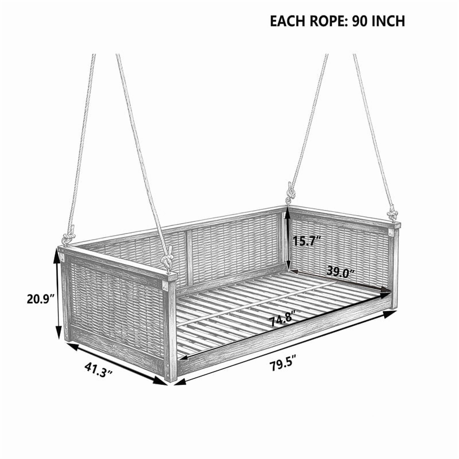 Outdoor Acacia Wood Twin Size 2-Seat Porch Swing Bench, Rattan Hanging Swing Chair Bed with Ropes for Patio, Garden, Backyard