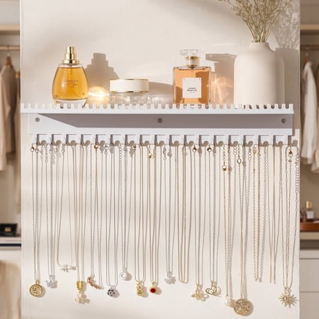 Necklace Holder Wall Hanging Organizer Wall Mounted Jewelry Shelf with 56 Hooks and Tray Display Hanger for Girls and Women White & Metal