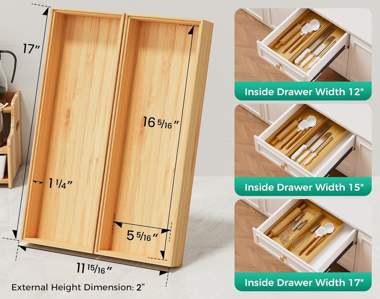 Long Bamboo Kitchen Drawer Organizer Boxes–17" x 6" Stackable Wood Silverware Utensil Tray for Drawers Bins Cutlery & Flatware Storage–Wooden Pantry Organizers Set of 2 for Junk Drawer Bathroom Rv