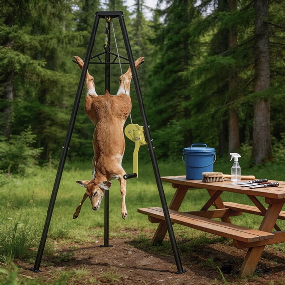 500LB Heavy Duty Stainless Steel Tripod Game Hoist with Winch, Pulley & Gambrel - 106.3" Height Hunting Game Hoist for Deer, Elk, Boar & Bear