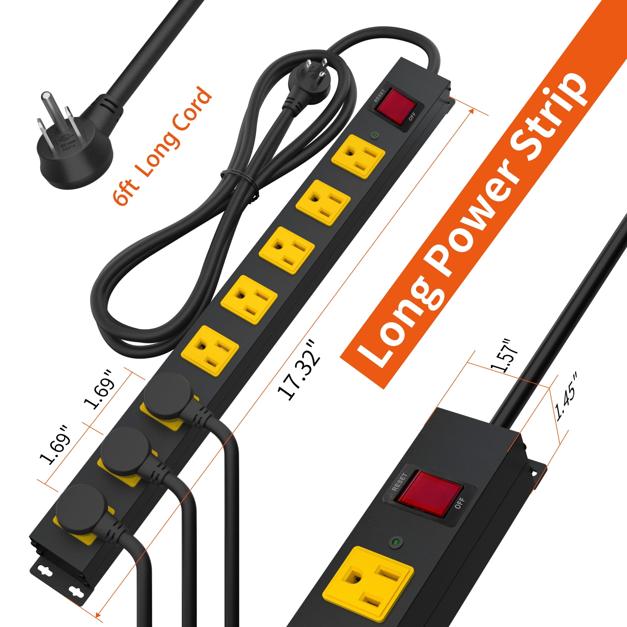 2 Pack 8 Outlet Long Power Strip, 2100J Surge Protector Heavy Duty 6FT Cord Wide Spaced and Wall Mount Metal Power strip for Home Office Garage Workshop
