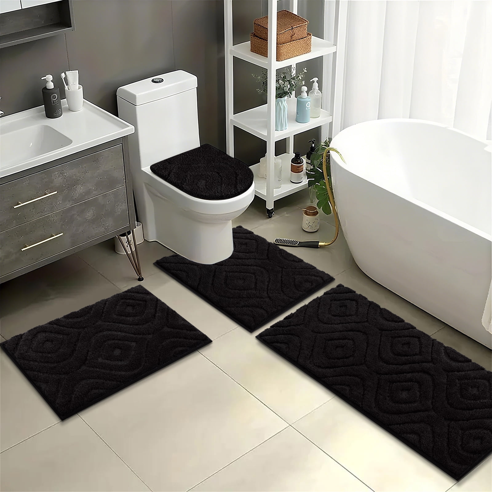 Ileading Bathroom Rugs Sets 4 Piece, Super Soft and Absorbent Non Slip Microfiber Toilet Bathroom Mats