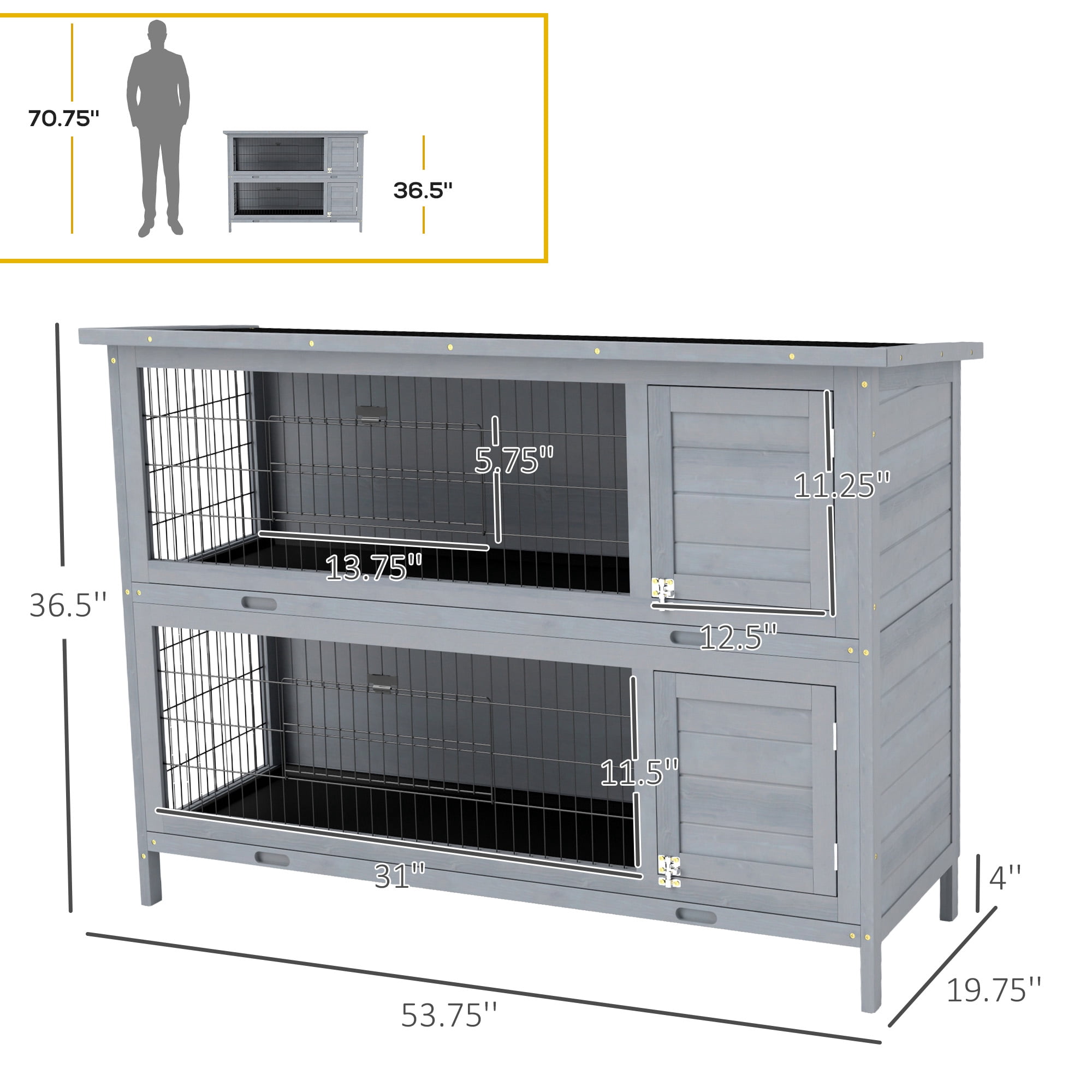 PawHut 54" 2-Story Large Rabbit Hutch Bunny Cage Wooden Pet House Small Animal Habitat with Lockable Doors, No Leak Tray and waterproof Roof for Outdoor/Indoor Grey