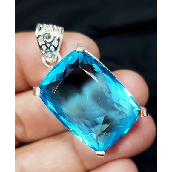 70 Ct Brazilian blue Cushion Topaz Pendant Loose 925 Sterling Silver Loose Gemstone