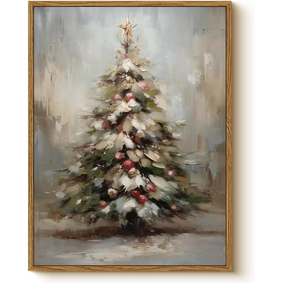 Vintage Snowy Christmas Tree with Ornaments Wall Art, 12x16 Inch Festive Winter Framed Canvas Painting Print, Seasonal Holiday Gift Living Room Bedroom Entryway Office Family Decor