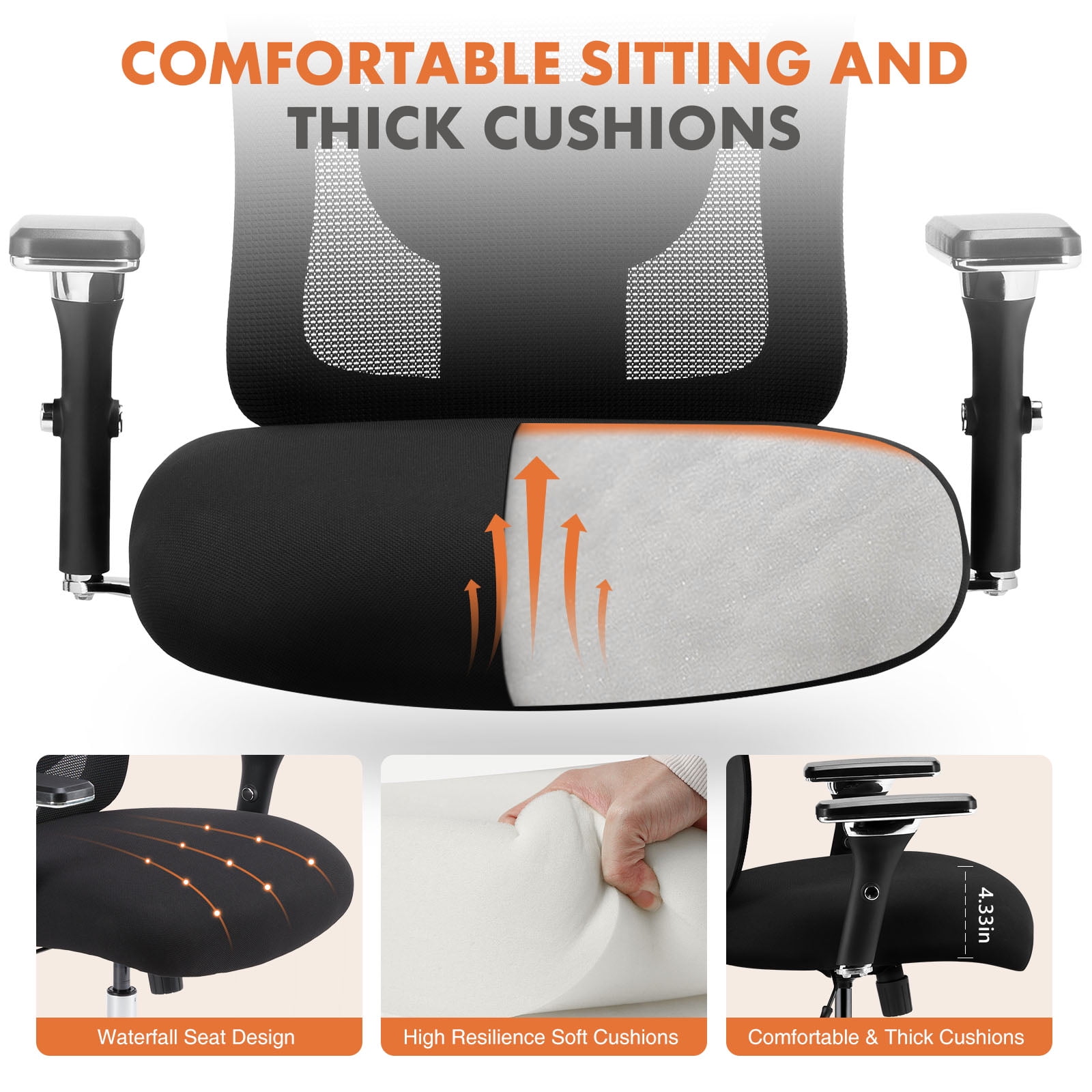 MAYEERTY Ergonomic Office Chair, Comfort Home Office Task Chair, Lumbar Support Computer Chair with Flip-up Arms, Black