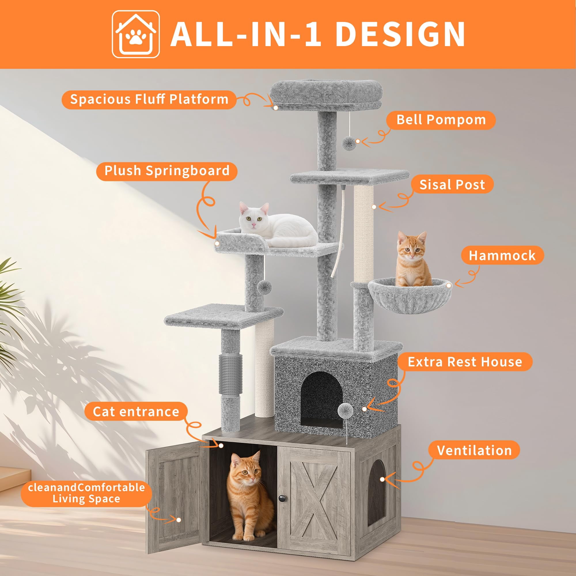 Cat Tree with Litter Box Enclosure, 2-in-1 Modern Cat Tower with Scratching Posts, Multiple Platform and Large Condo, Multilevel Indoor Kitten House, Gray