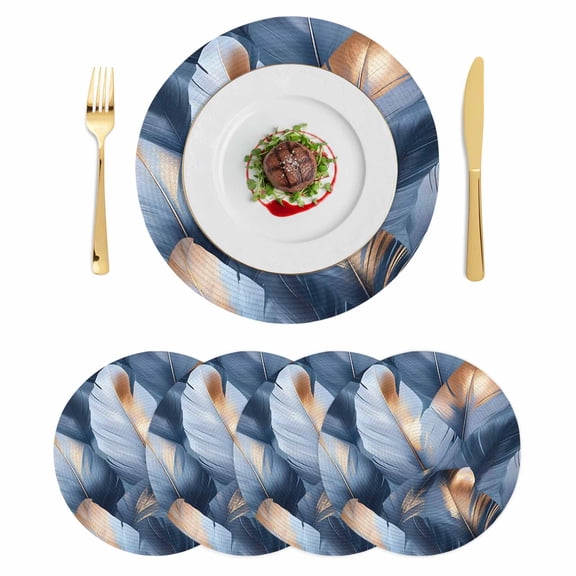 Navy Blue Ombre Feather Round 15 Inch Placemats Set of 4, Modern Art Leaves HeatResistant Non Slip Place Mats for Dining Table, Wipeable Braided Kitchen Table Mats for Housewarming