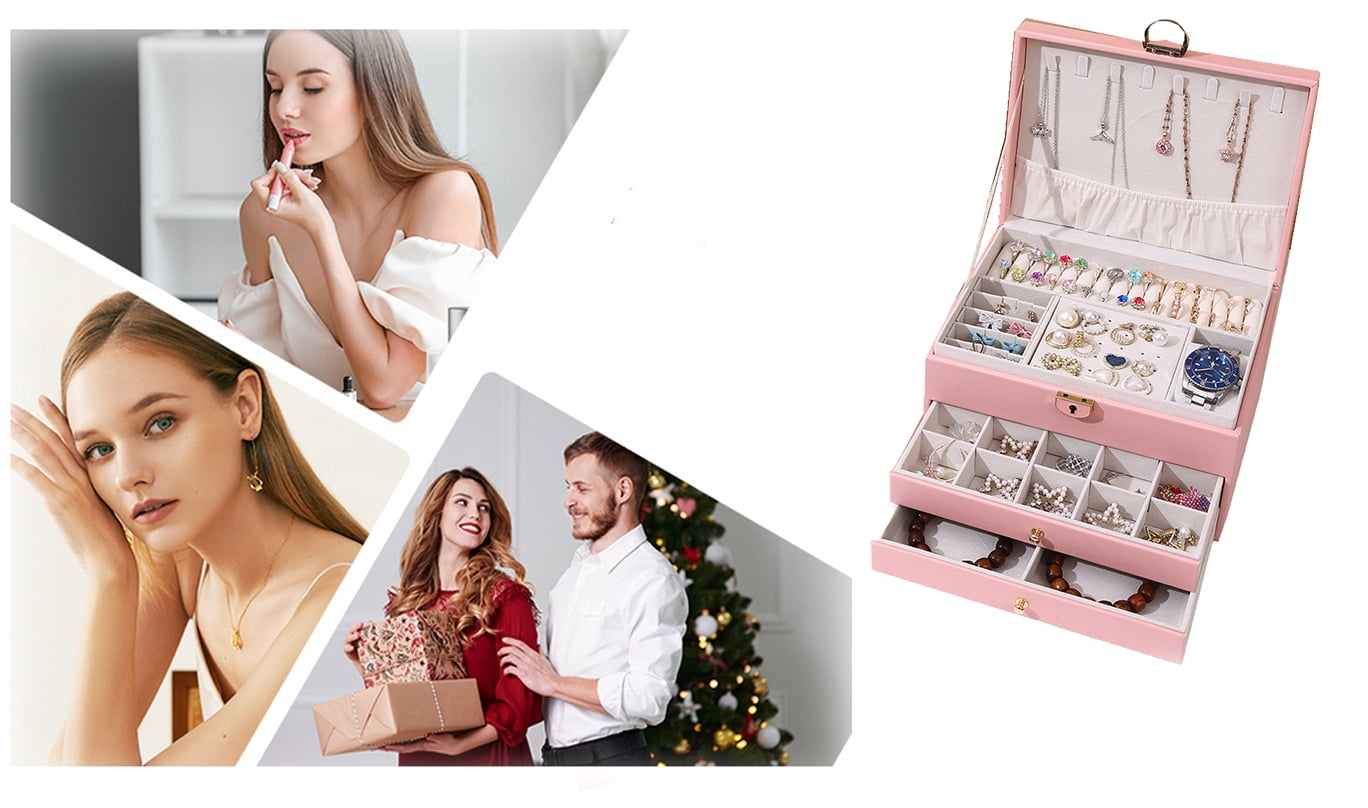 Christmas Gift for Women,Large Jewelry Box for Women Girls, 3 Layer Large Jewelry Boxes & Organizers, PU Leather Jewlwey Display Holder with Removable Tray for Earrings Rings Bracelets,Pink